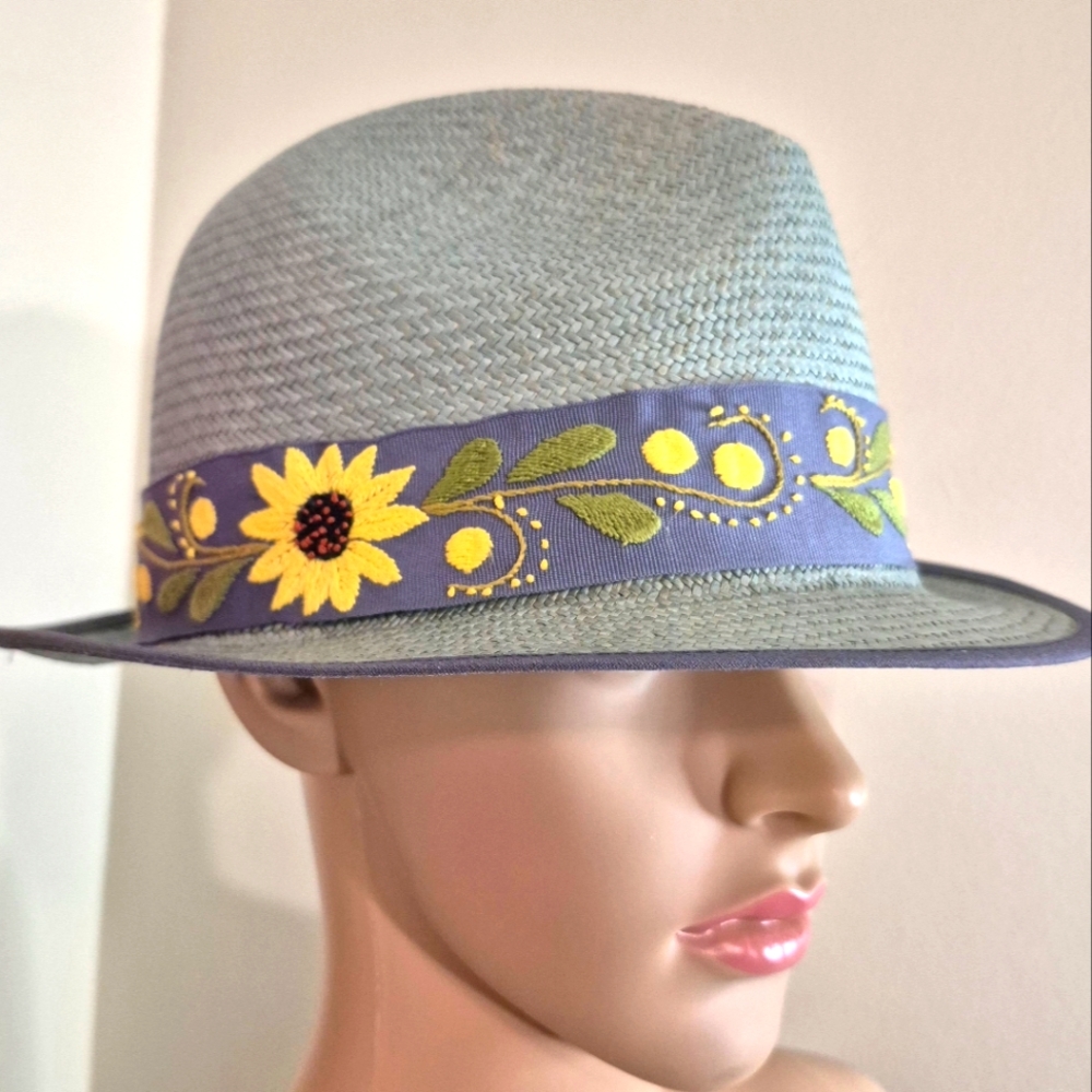 Panama Straw Hat by Metier.Unique Embroidered Floral Band Sunflower Summer Beach